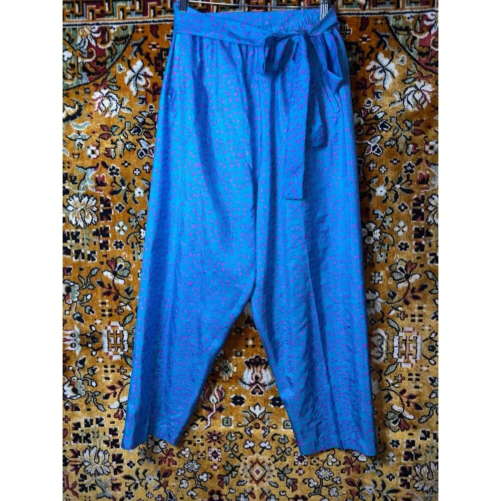 Vintage Custom 100% Silk Artsy Blue Patterned Wide Leg Pants Size M Boho Luxe